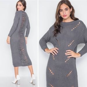 Chunky Distressed Midi Sweater Dress | Gray
